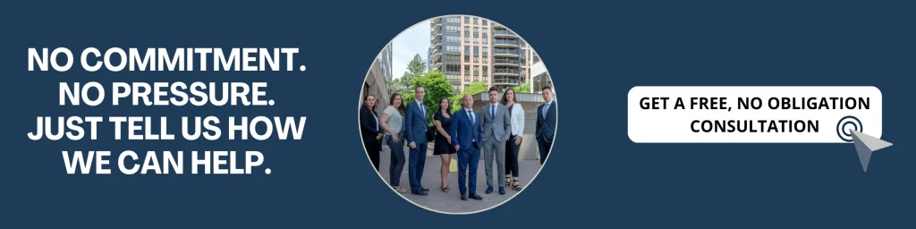 Group of seven professionally dressed people standing in an outdoor urban setting with modern buildings, surrounded by text that says No commitment, no pressure, just tell us how we can help, and a button-like graphic reading Get a free, no obligation consultation with a cursor icon.